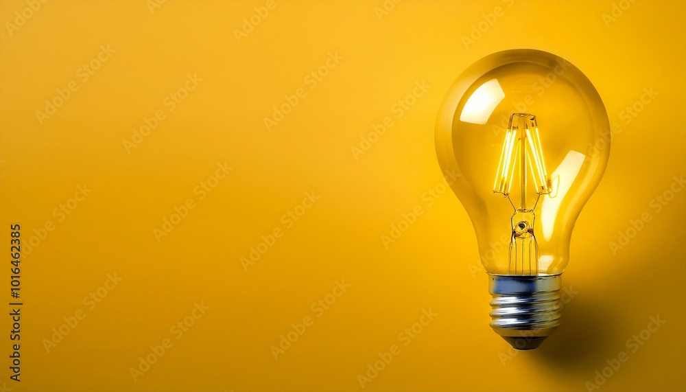 Glowing light bulb, on yellow background. Copy space for text Glowing light bulb, on yellow background. Copy space for text