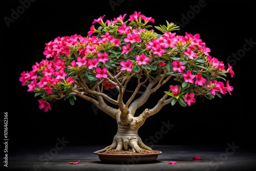 Panoramic view of blooming pink Adenium obesum flowers on tree photo