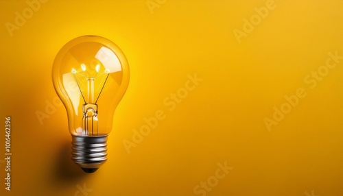 Glowing light bulb, on yellow background. Copy space for text