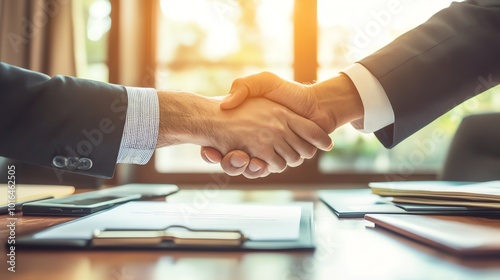 Two people in business suits shake hands over a table.