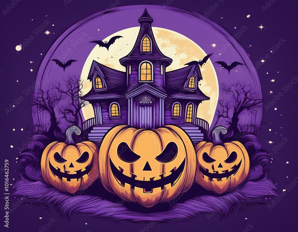 Fototapeta premium graphic t-shirt design style halloween haunted house. pumpkin heads. violet background.