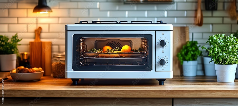 A toaster oven on a kitchen counter with ample space for text on the right A toaster oven on a kitchen counter with ample space for text on the right