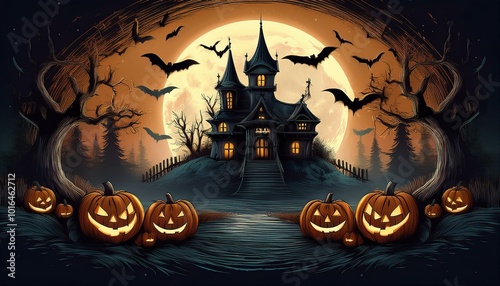 Graphic design style haunted house. Pumpkin heads. Halloween Witch Castle Bat Pumpkin Animation Style
