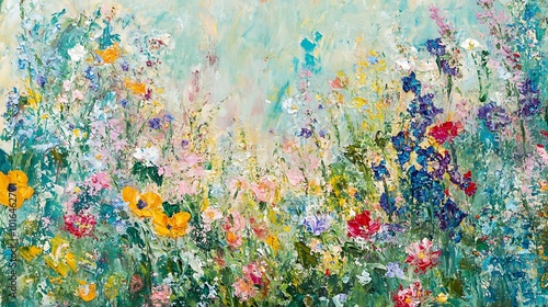 Abstract Oil Painting Depicting a Colorful Wildflower Meadow