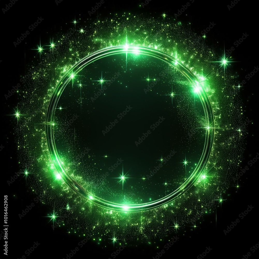 Obraz premium Green glitter circle of light shine sparkles and green spark particles in circle frame on black background. Christmas magic stars glow, firework confetti of glittery ring shimmer