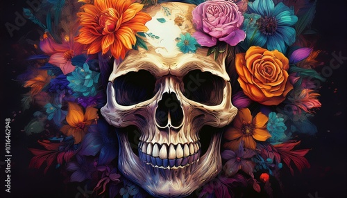 Half skull in lush of flowers