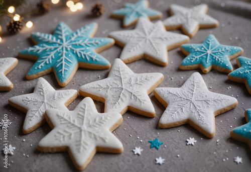 Decorative snowflake cookies with festive mood on gray background for holiday celebration