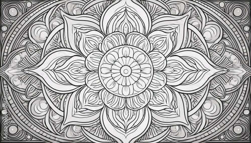 Intricate mandala design, featuring symmetrical patterns and geometric shapes, plenty of space between lines for coloring. Coloring book in black and white