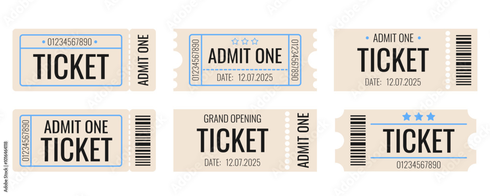 Obraz premium Ticket set, old style. Admit one tickets with bar code. Vintage, retro ticket concert and festival event, movie theater coupon. Vector paper and digital samples icon.