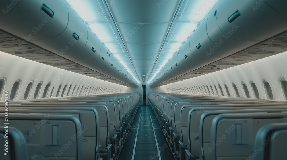 Obraz premium The overhead storage bin in the airplane features soft shadows and blue LED lighting on the white surface, set against a gray ceiling, creating a serene travel atmosphere