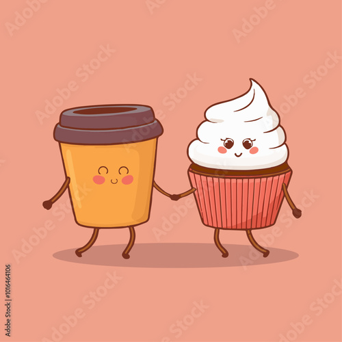 Cupcake with cream and cup coffee, tea. Сharacter, happy desserts, cute kawaii. Funny faces