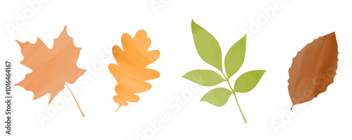 Watercolor set autumn leaves on a white background. Falling autumn green, golden, red and orange colored leaves