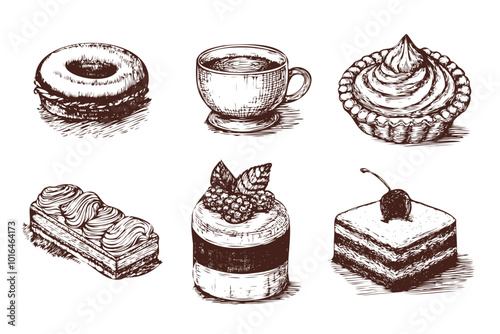 Set of vintage hand drawn dessert. Cup tea, coffee and sweet dessert concept. Sketch vector design. Black And White Illustrations