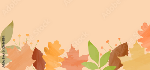 Autumn leaves, fall, decoration on background. Forest foliage, botanical natural elements, leaf, seasonal decor on banner. Flat watercolor vector illustration
