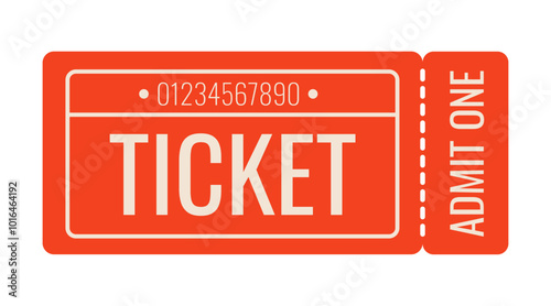 Ticket. Admit one ticket with code. Retro old style, red ticket concert and festival event, movie theater coupon. Vector paper and digital samples icon.