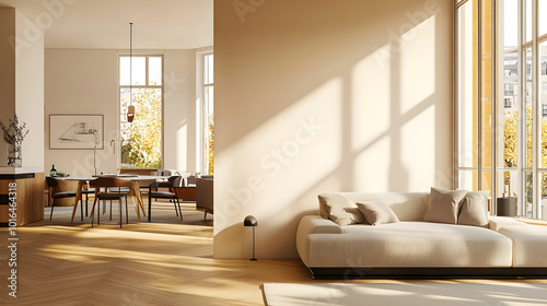 Beige home living room interior with rest and dining zone, window. Mockup wall