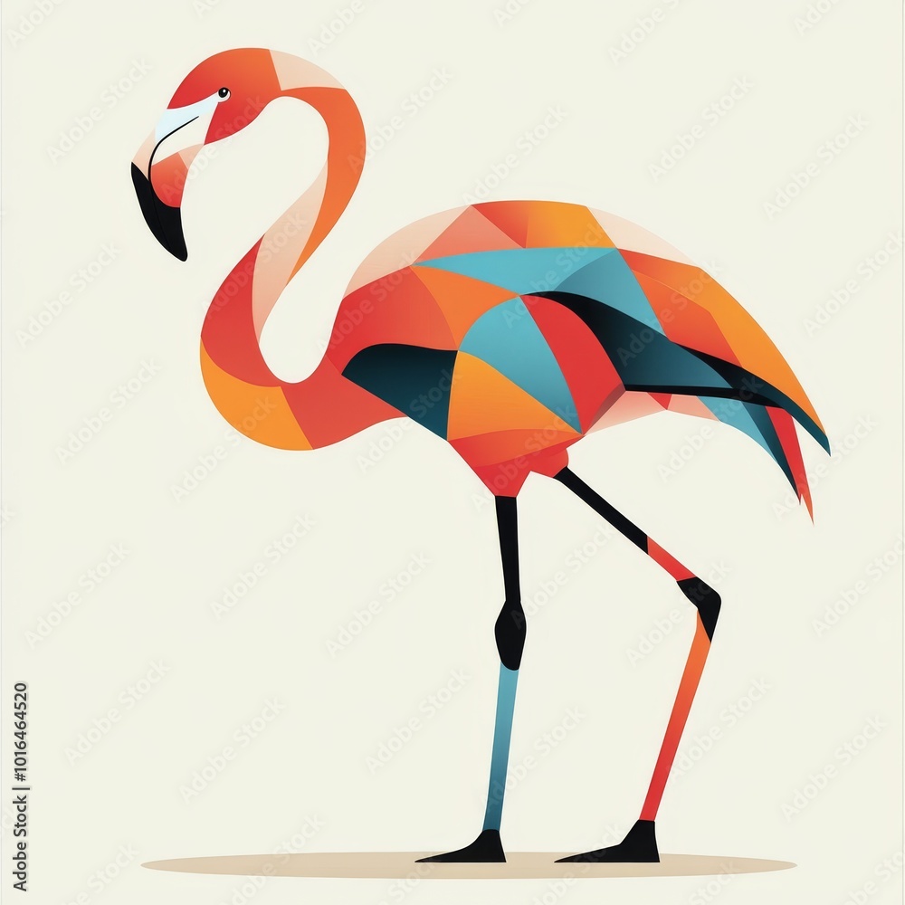 Obraz premium Elegant Flamingo Geometric Line Art in Orange and Blue on Cream Background