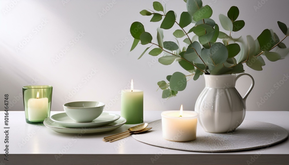 Minimalist white and green tablescape with eucalyptus in vase and candles Minimalist white and green tablescape with eucalyptus in vase and candles
