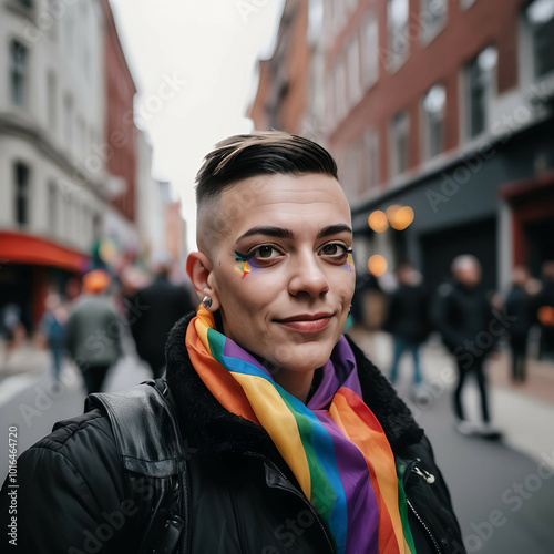 LGBTQ Pride Portrait | Person with Short Hair and Rainbow Flag | Equality and Diversity Representation | Bold Expression of Identity | LGBTQ+ Empowerment