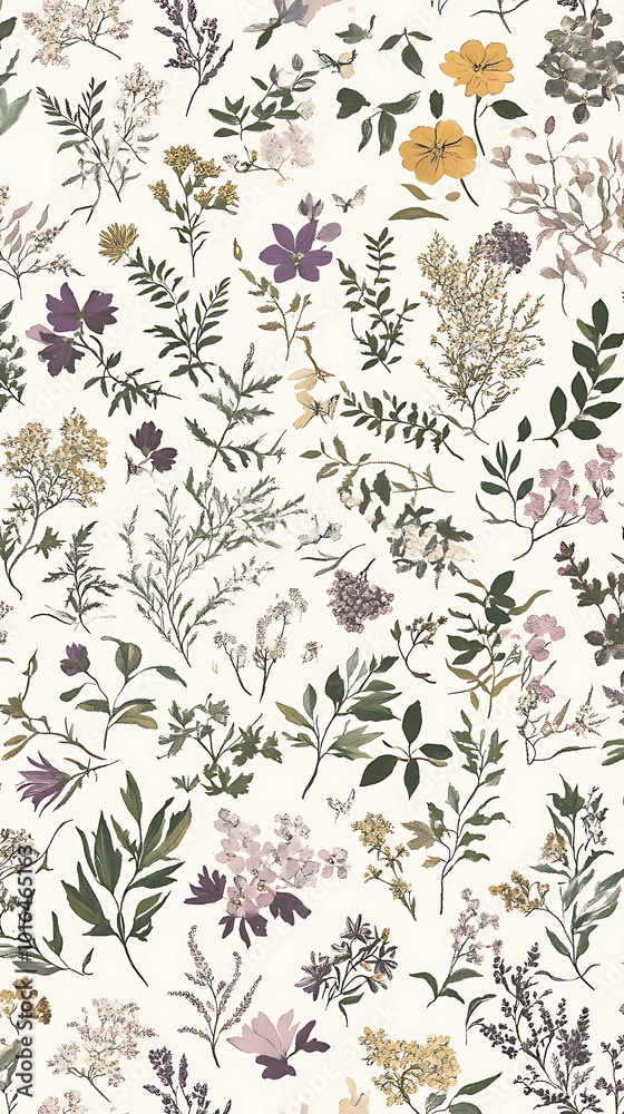 Obraz premium Watercolor Floral Pattern with Green Leaves and Delicate Flowers