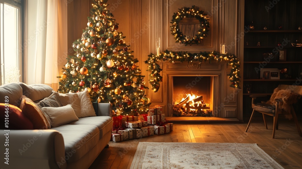 Cozy Living Room Decorated for Christmas with a Fire in the Fireplace Cozy Living Room Decorated for Christmas with a Fire in the Fireplace
