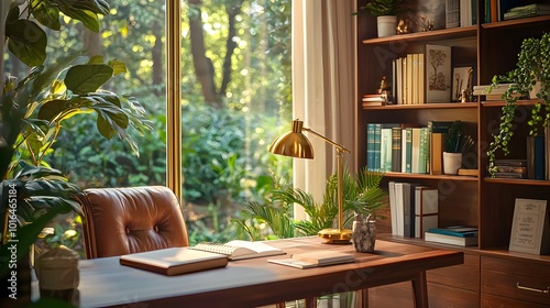 Elegant and Cozy Home Office Overlooking a Lush Garden with Refined Vintage Atmosphere