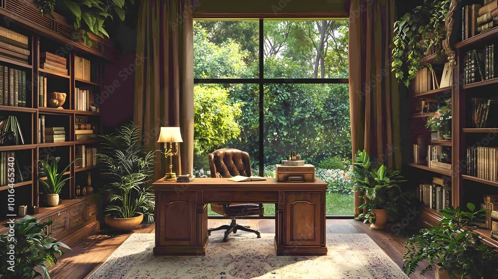 Cozy and Inviting Home Office with Elegant Brass Lamp and Lush Garden View Cozy and Inviting Home Office with Elegant Brass Lamp and Lush Garden View