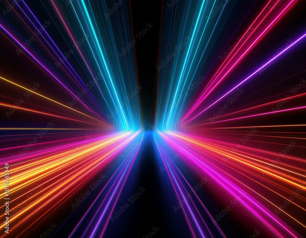 Neon futuristic flashes on black background. Motion light lines backdrop. For banner, postcard, illustration. Created with generative AI tools Neon futuristic flashes on black background. Motion light lines backdrop. For banner, postcard, illustration. Created with generative AI tools