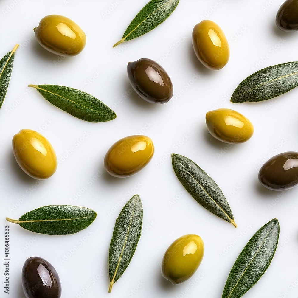 Olive seed and olive leaves pattern on white background. Banner.