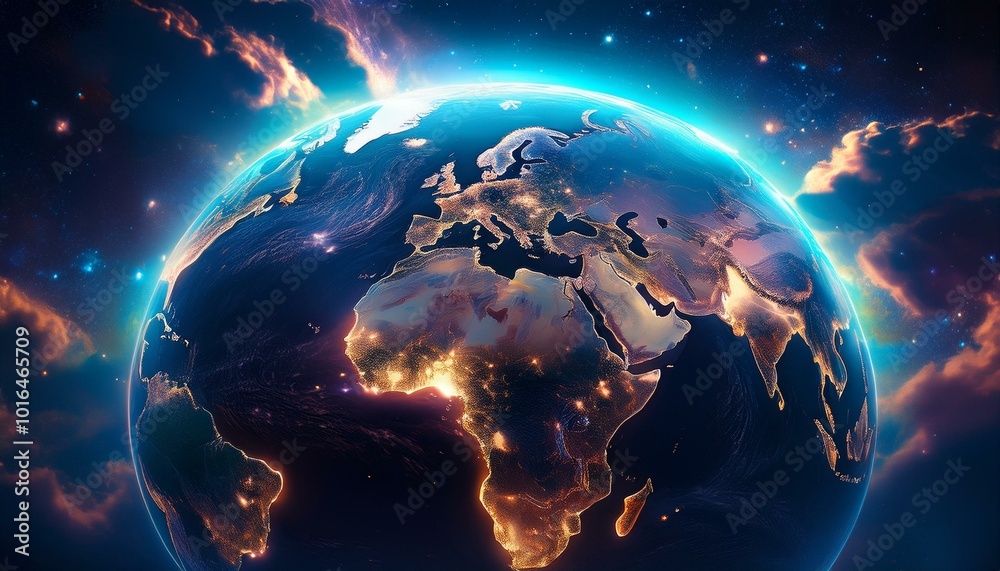 Panoramic view on planet Earth globe from space. Glowing city lights, light clouds. Generative AI Panoramic view on planet Earth globe from space. Glowing city lights, light clouds. Generative AI
