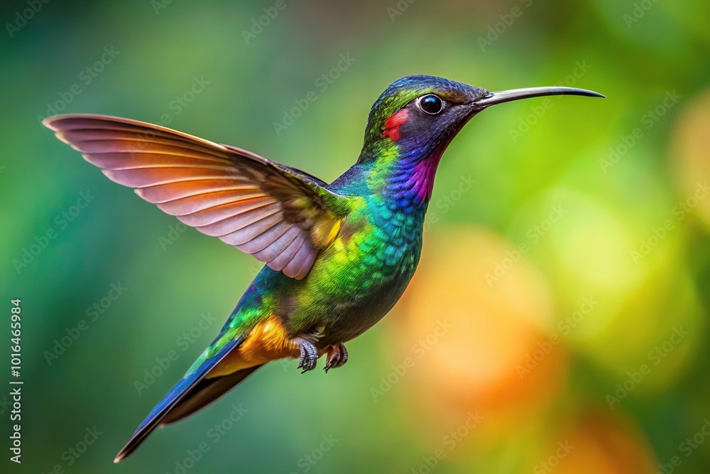 Aerial view of a colorful Black throated Mango hummingbird hovering in acrobatic pose Aerial view of a colorful Black throated Mango hummingbird hovering in acrobatic pose