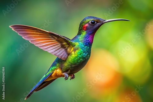 Aerial view of a colorful Black throated Mango hummingbird hovering in acrobatic pose photo