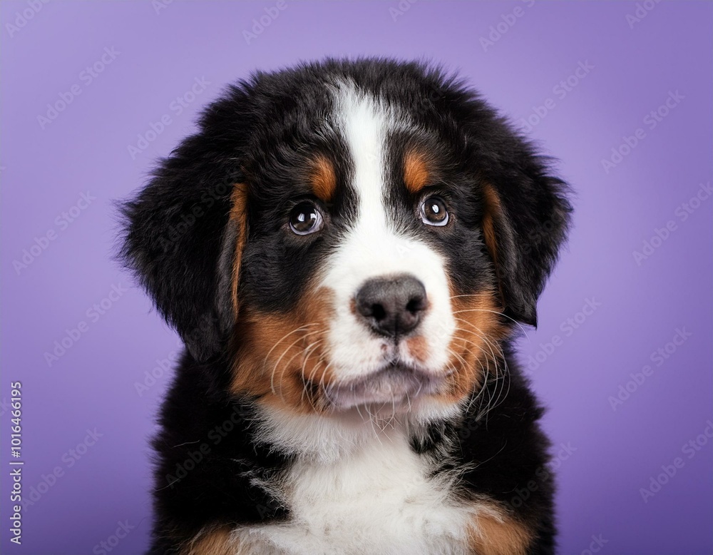 portrait of a bernese mountain dog puppy looking up on a purple background portrait of a bernese mountain dog puppy looking up on a purple background