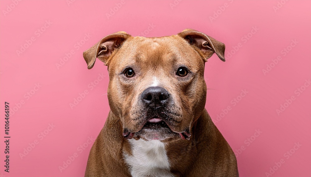 portrait of a sweet looking pitbull dog at a pink background portrait of a sweet looking pitbull dog at a pink background