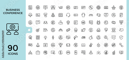 Business conference line icons set, attendee, schedule, workshop, venue, Networking, speaker, presentation and more collection, Editable stroke and pixel perfect.