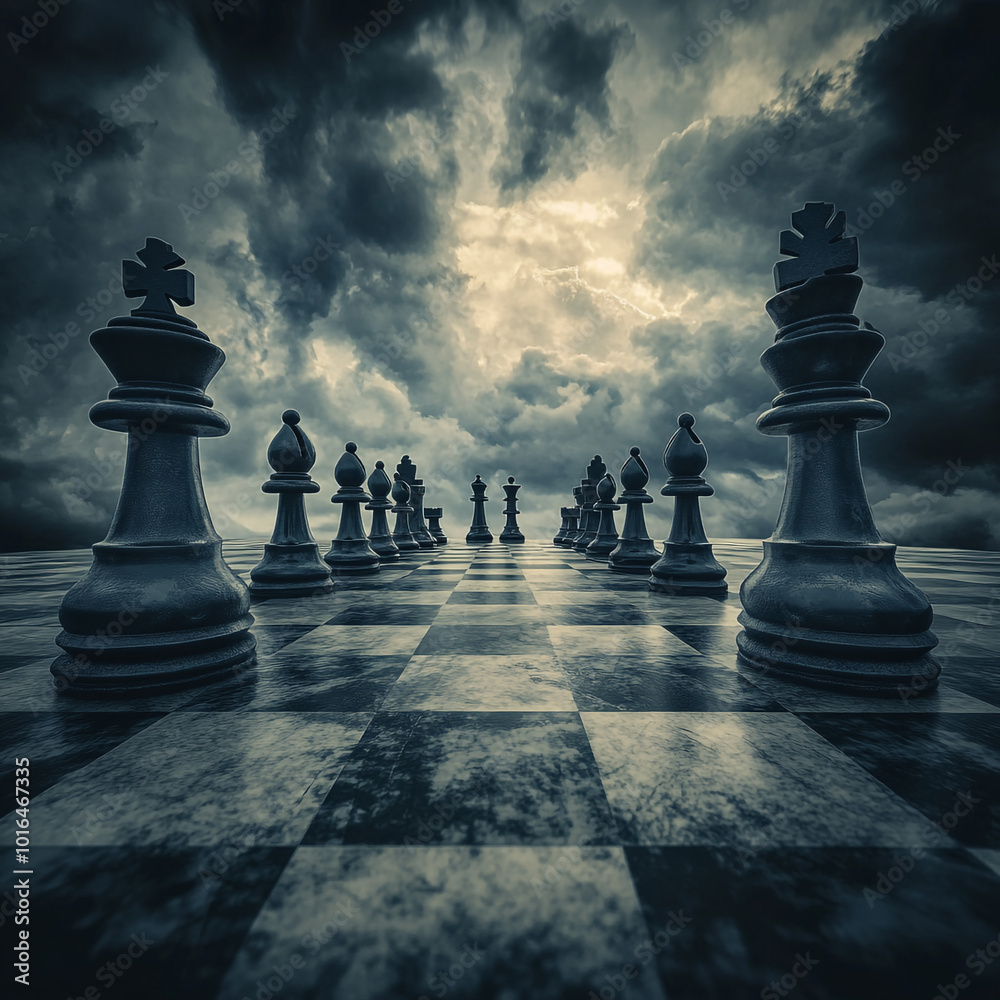 A chessboard with dark and mysterious pieces under an ominous sky, representing the challenges of strategic battle. A chessboard with dark and mysterious pieces under an ominous sky, representing the challenges of strategic battle.