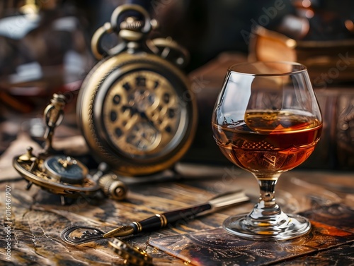 Vintage Tabletop Vignette with Brandy Glass Antique Pocket Watch and Writing Quill