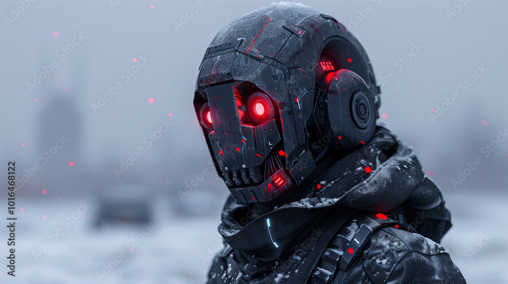 Futuristic humanoid robot with glowing red eyes in a snow-covered landscape, emphasizing advanced technology Futuristic humanoid robot with glowing red eyes in a snow-covered landscape, emphasizing advanced technology