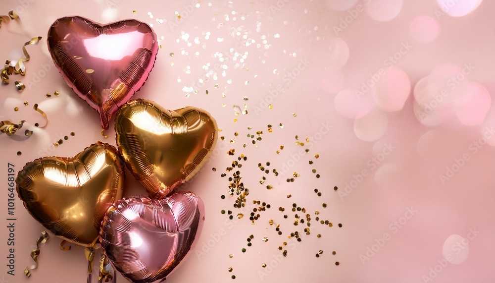 Fototapeta premium Stylish metallic pink and gold balloons with confetti. Valentine's day, international women day, romantic background