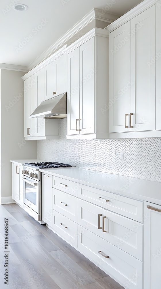 Modern White Kitchen with Stainless Steel Stove and Herringbone Tile Backsplash