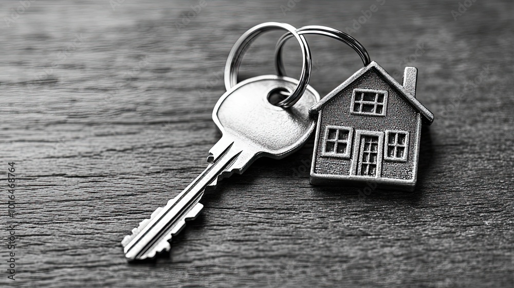 a shiny metal key,a silver colored house shaped keychain attached symbolizing homeownership real estate investment and the concept of buying a new home.create by F.a