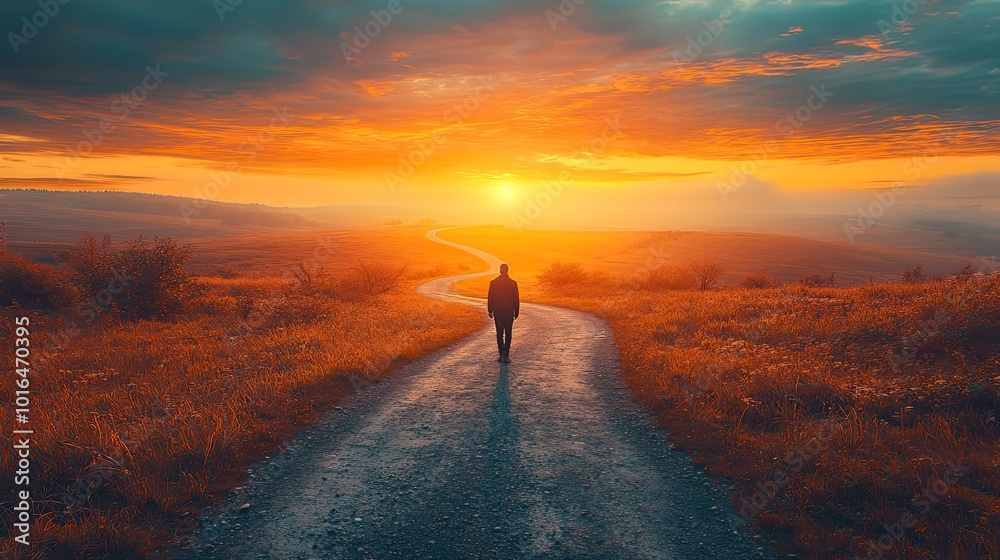 a solitary individual stands at the start of a winding path symbolizing a career journey,the road branching off into multiple directions representing lifes choices and opportunities.stock image a solitary individual stands at the start of a winding path symbolizing a career journey,the road branching off into multiple directions representing lifes choices and opportunities.stock image