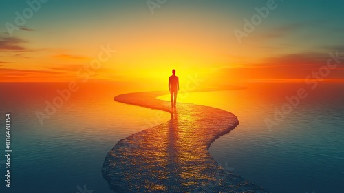 a solitary individual stands at the start of a winding path symbolizing a career journey,the road branching off into multiple directions representing lifes choices and opportunities.illustration