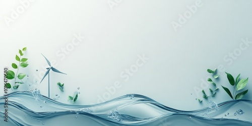 Minimalist infographic featuring wind and water energy symbols on a soft white background, ample space for text in the center photo