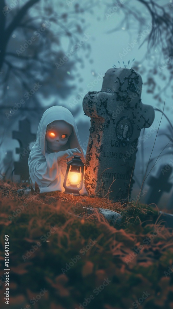 Obraz premium A cute ghost holding an oil lantern, sitting on the headstone of its grave in...
