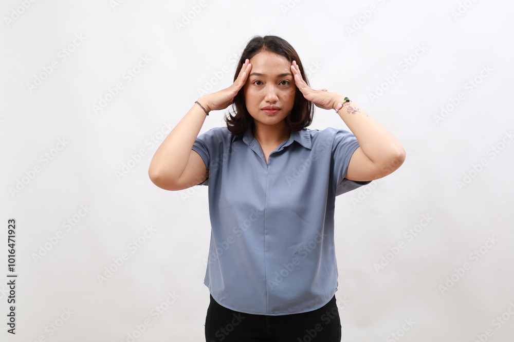 Shock, stress. Young asian woman holding hands on head, posing against white background. Overworking, shocking news, annoyance. Concept of youth, human emotions, lifestyle, ad Shock, stress. Young asian woman holding hands on head, posing against white background. Overworking, shocking news, annoyance. Concept of youth, human emotions, lifestyle, ad