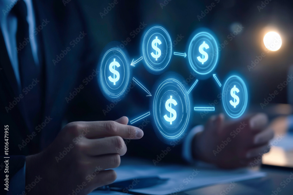 A businessman interacting with digital currency symbols, representing modern finance and investment strategies for success. A businessman interacting with digital currency symbols, representing modern finance and investment strategies for success.