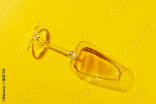 A white wine glass lying flat on a vibrant yellow background