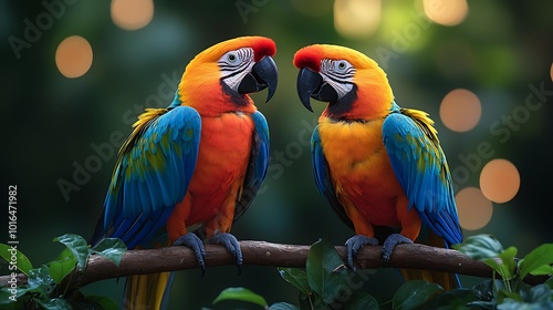 Two colorful macaws perched on a branch, facing each other in a tropical setting.