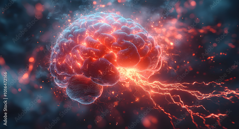 3D animation of an electric brain with electricity flowing through it, showcasing vibrant colors and dynamic movement.
